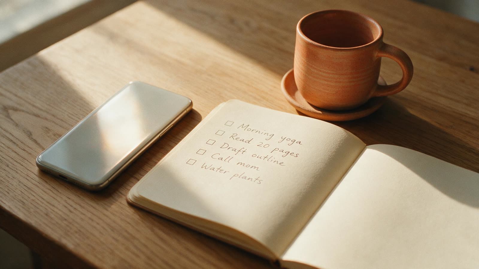 Smartphone, cream notebook, and terracotta mug on a wooden table in afternoon light